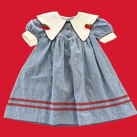 Bonnie Jean Other - Vintage 1980s Bonnie Jean Girls size 5 Cherry Chambray School Dress Plaid Blue